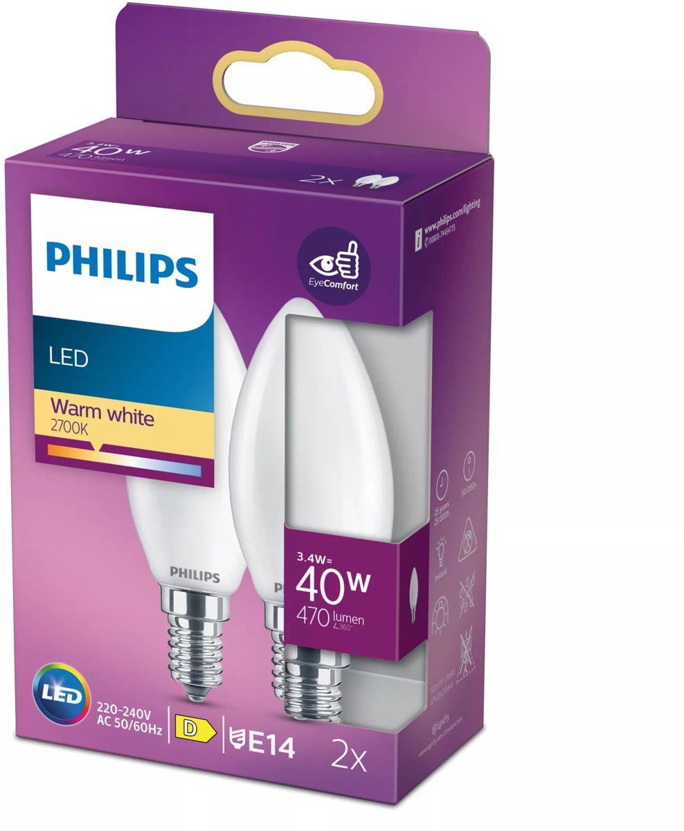 Philips led lamp - kaarslamp met e14 fitting - warmwit licht: 2700k - 40w - mat glas - 2-pack