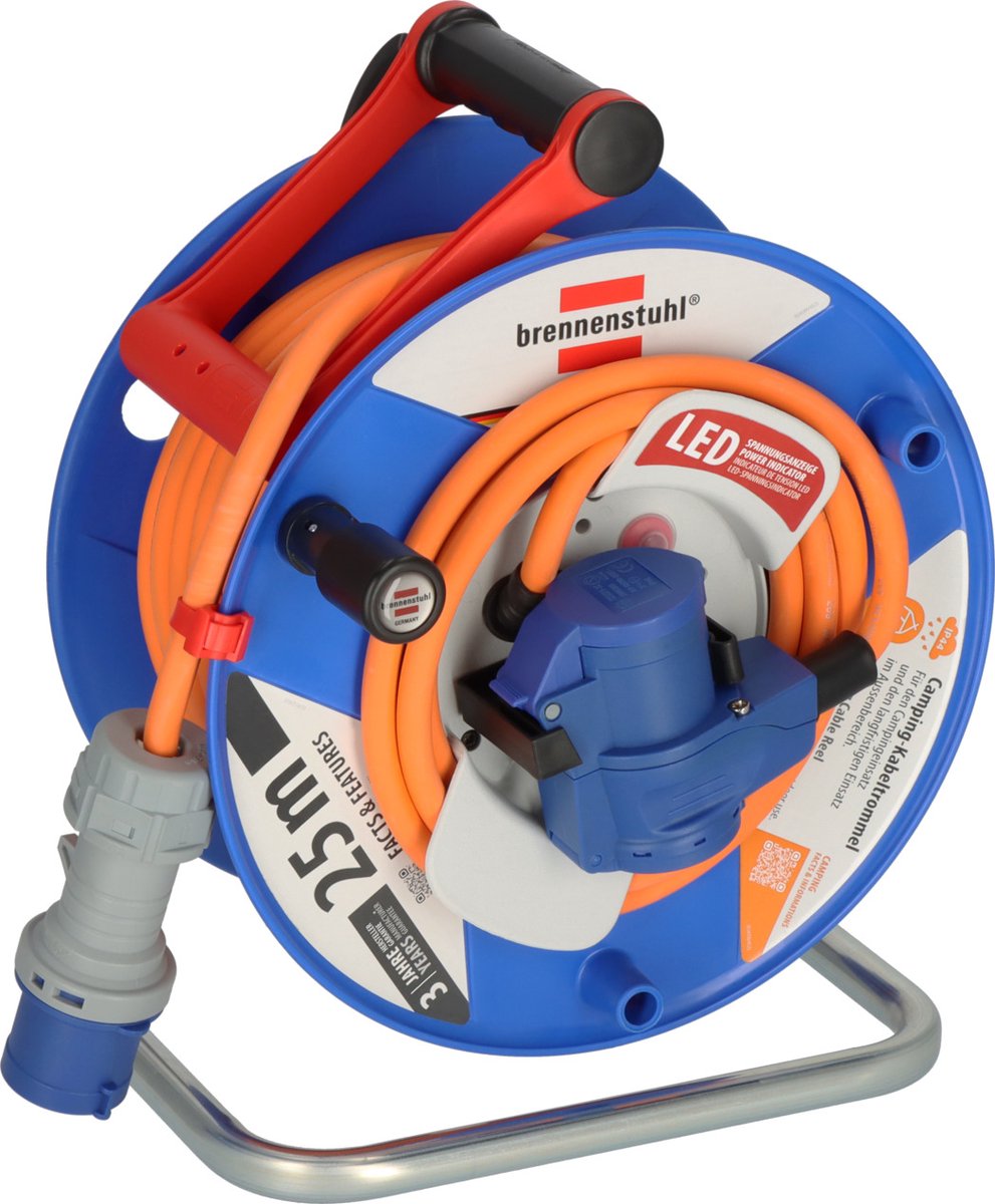 Brennerstuhl Camping-Kabeltrommel mit 25m Kabel in Orange mit LED-Spannungsanzeige (CEE 230V-Kabeltrommel mit Cee-Winkelstecker inklusive Schutzkontakt-Kombistecker, für den dauerhaften Außeneinsatz, hergestellt in Deutschland)