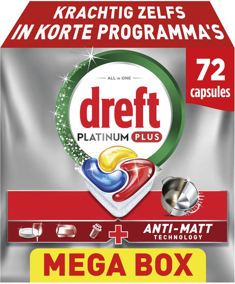 Dreft Platinum Plus Lemon Spülmaschinentabs – Anti-Matt-Technologie – 72 Stück