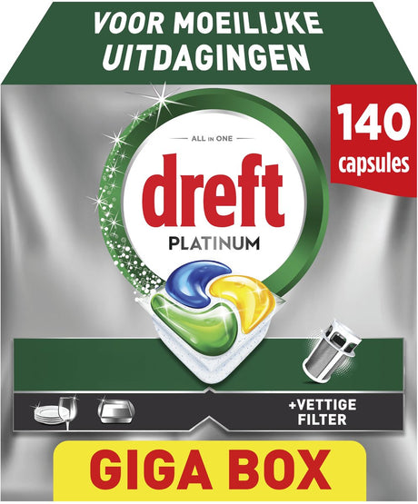 Dreft Platinum Spülmaschinentabs Zitrone – schwierige Herausforderungen – Fettfilter – 140 Stück