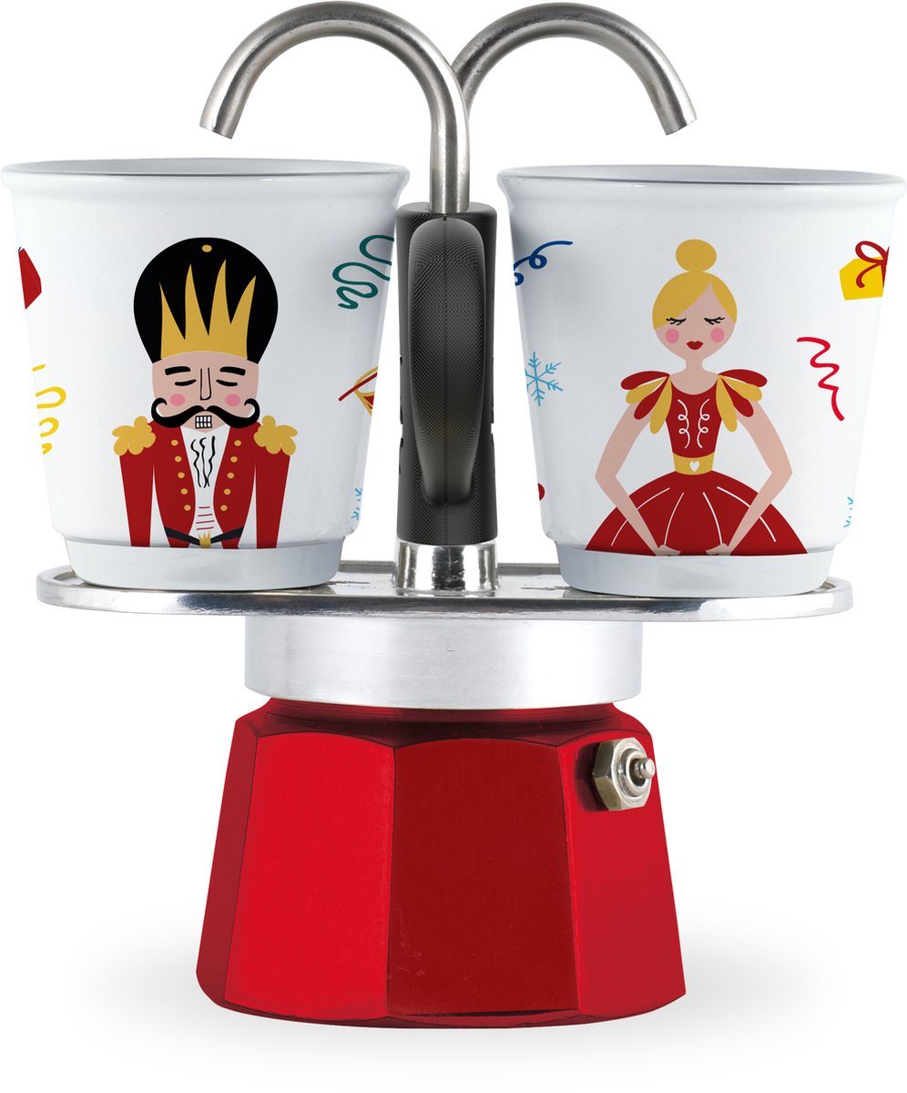 Bialetti Mini Express Nussknacker 2 Tassen mit 2 Espressotassen – limitierte Auflage – roter Perkolator – Espresso-Geschenkset