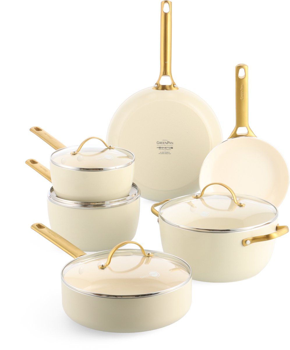 Greenpan Padova Creme Keramik-Induktionspfannenset 10-teilig – PFAS-frei – Induktionspfannenset – Induktionsbratpfanne – Induktionsbratpfanne – ofenfest bis 200 °C – spülmaschinenfest – Edelstahlgriffe – mit Deckel – Creme