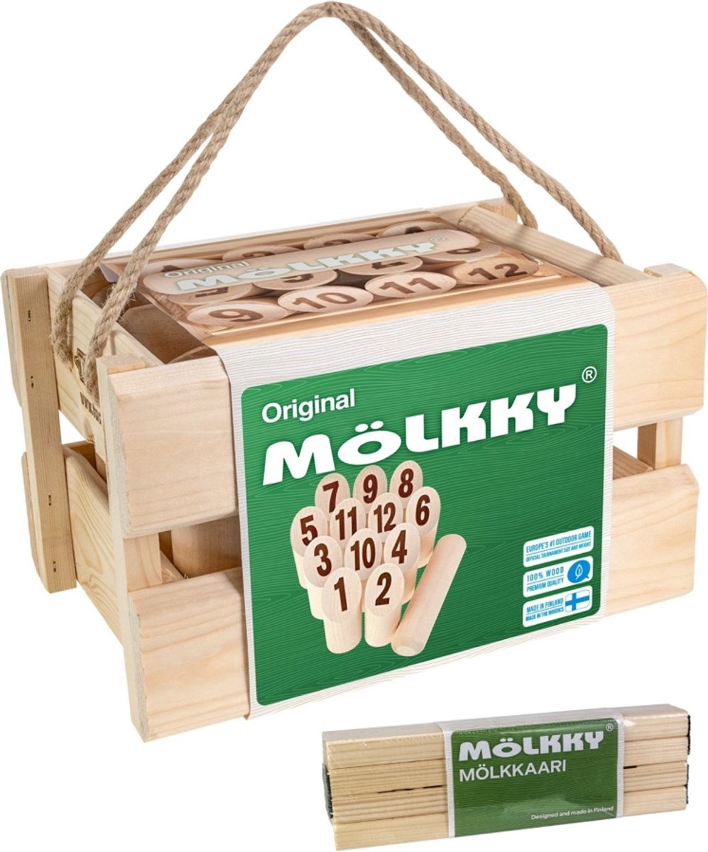 Tactic Mölkky-Turnierset – Fang- und Wurfspiel – Original finnisches Holzwurfspiel in luxuriöser Holztragebox – nachhaltiges Birkenholz – mit kostenloser Punkte-App – inklusive Mölkkaari-Wurfbogen