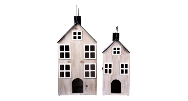 Set 2 lantaarns houten huizen 34x33x66cm