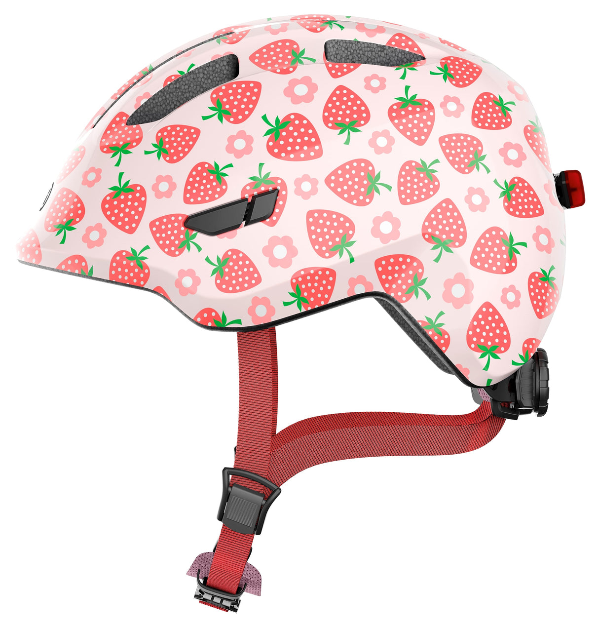 Abus Kinderhelm Smiley 3.0 LED – Fahrradhelm mit Licht – tiefe Passform, Platz für einen Zopf – für Mädchen und Jungen – Pink mit Erdbeermuster, Größe S