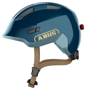 Abus Kinderhelm Smiley 3.0 Ace LED – Fahrradhelm mit Licht – tiefe Passform, Platz für einen Zopf – für Mädchen und Jungen – glänzendes Blau, Größe M