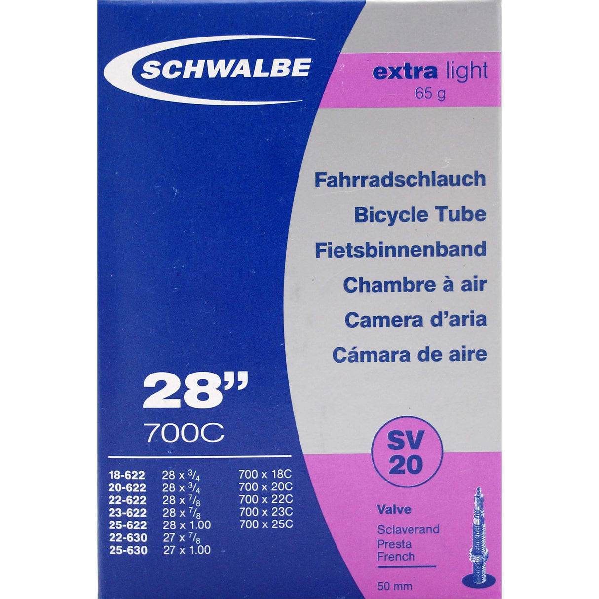 Schwalbe Inner Tube SV20 50mm 28inch 18 25-622 630 Dodatna svetloba 81gr