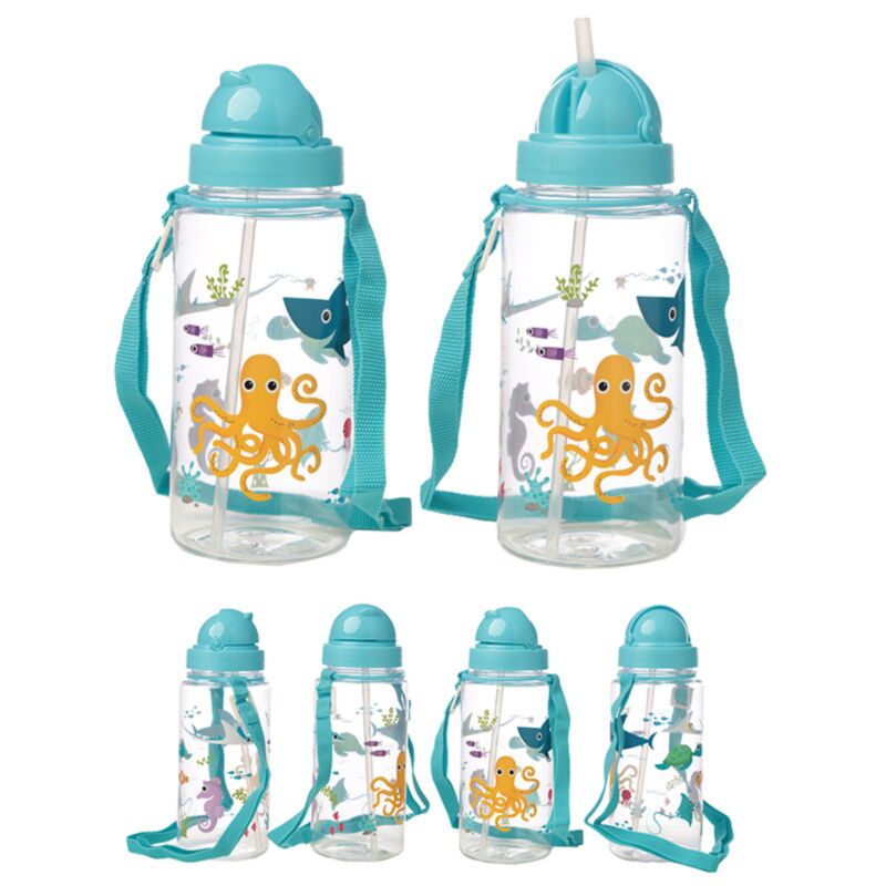 Meerestiere, nachhaltige, BPA-freie 450-ml-Wasserflasche für Kinder mit Strohhalm