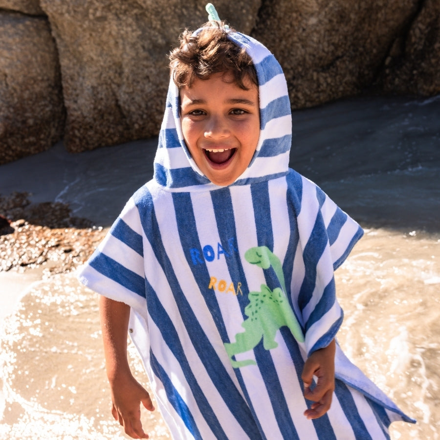 Dino | Blauer Strandponcho aus Baumwolle, 65 x 65 cm