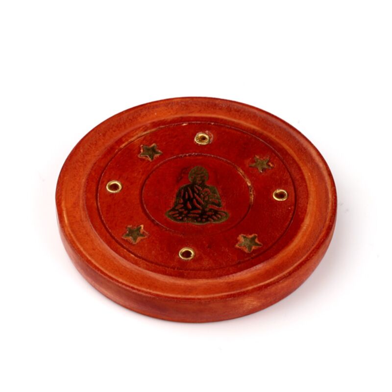 Runder Räucherstäbchenhalter aus Mangoholz mit Buddha-Inlay