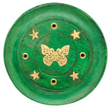 Runder grüner Räucherstäbchenhalter mit Schmetterling aus Mangoholz