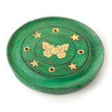 Runder grüner Räucherstäbchenhalter mit Schmetterling aus Mangoholz