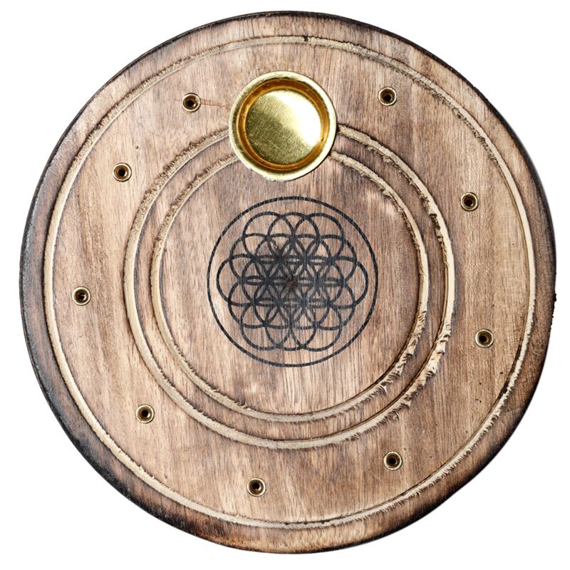 Runder Räucherstäbchenhalter „Blume des Lebens“ aus Mangoholz