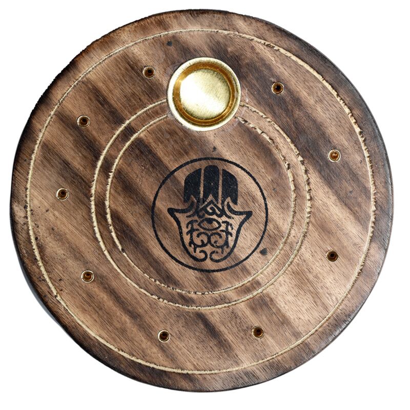 Runder Hamsa-Räucherstäbchenhalter aus Mangoholz