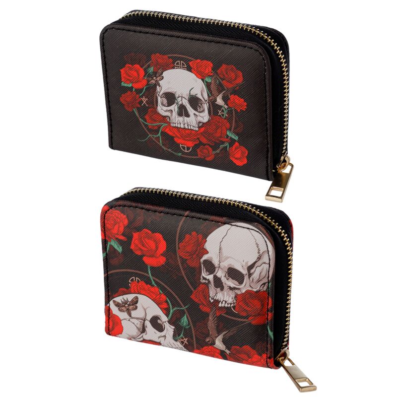 Runde Brieftasche mit Reißverschluss und Totenköpfen und Rosen – klein