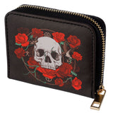 Runde Brieftasche mit Reißverschluss und Totenköpfen und Rosen – klein