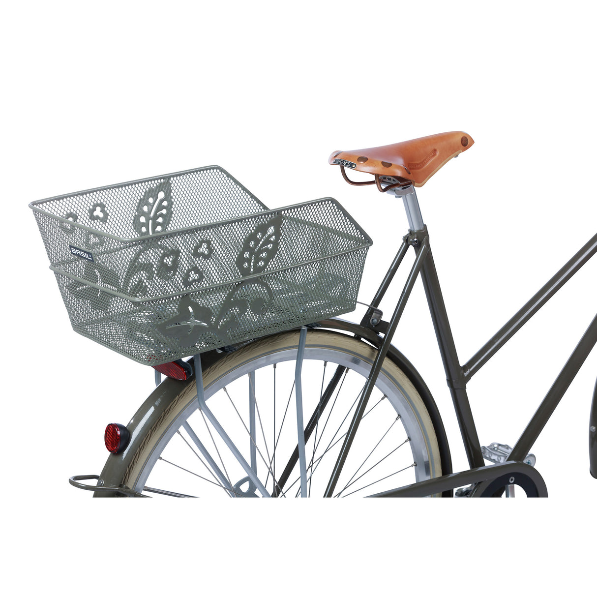 Basil Cento Flower Bicycle Basket en la parte posterior de Olive Green