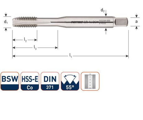 Rotec Maschinengewindebohrer DIN371 3 8 BSW durchgehend