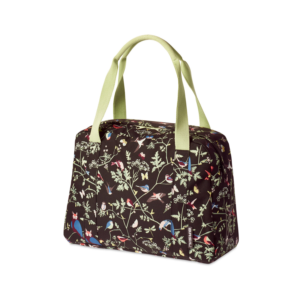 Basilikumwehrlust Carry All Bag - Schwarze Fahrradhandtasche mit farbenfrohen Vogeldruck
