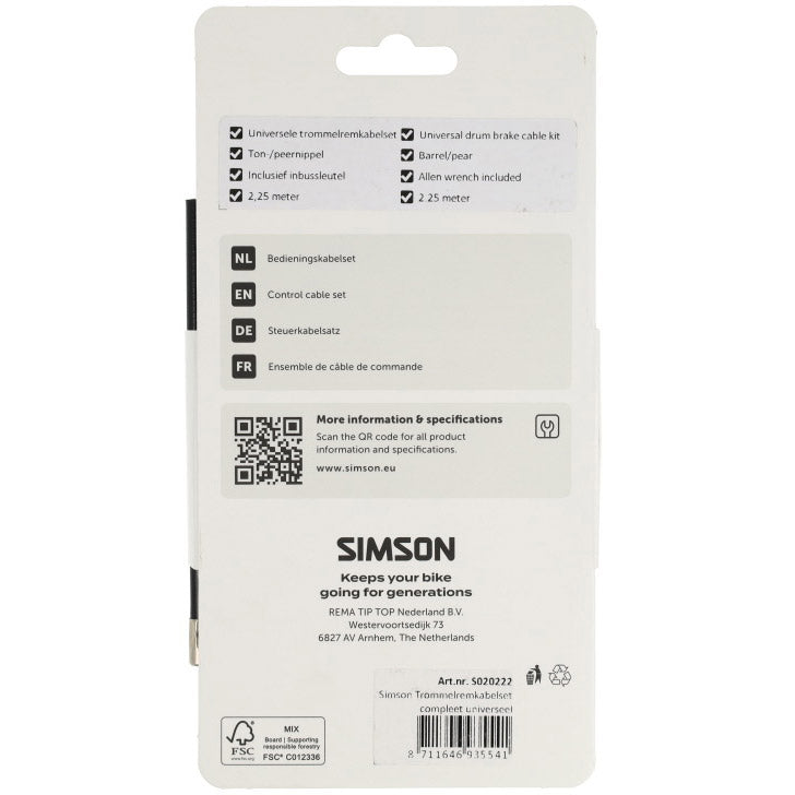 Simson trommelremkabelset compleet universeel rvs - zwart