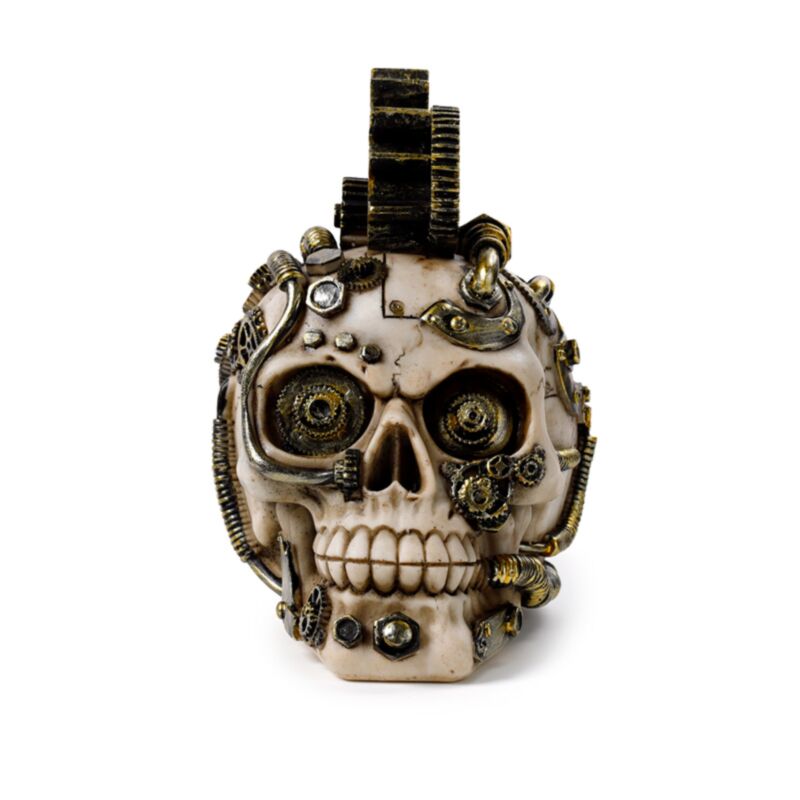 Wohnaccessoire im Steampunk-Stil mit Totenkopf mit Zahnrädern und Federn