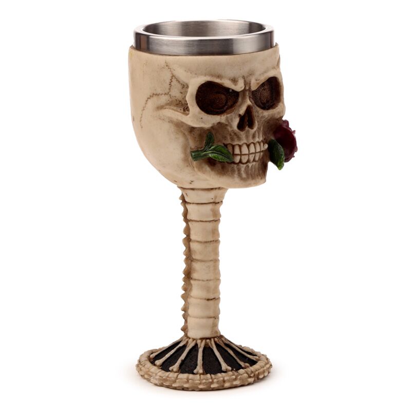 Totenkopf mit roter Rose im Mund, dekorativer Kelch