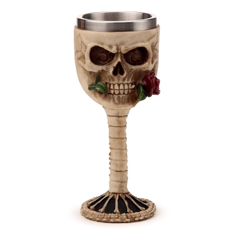 Totenkopf mit roter Rose im Mund, dekorativer Kelch