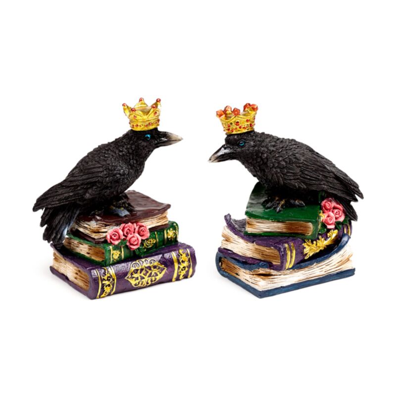 Krähe mit Krone steht auf Büchern
