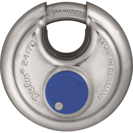Abus Diskus-Vorhängeschloss – 70 mm – Edelstahl – mit blauer Schutzkappe (im Blister verpackt)