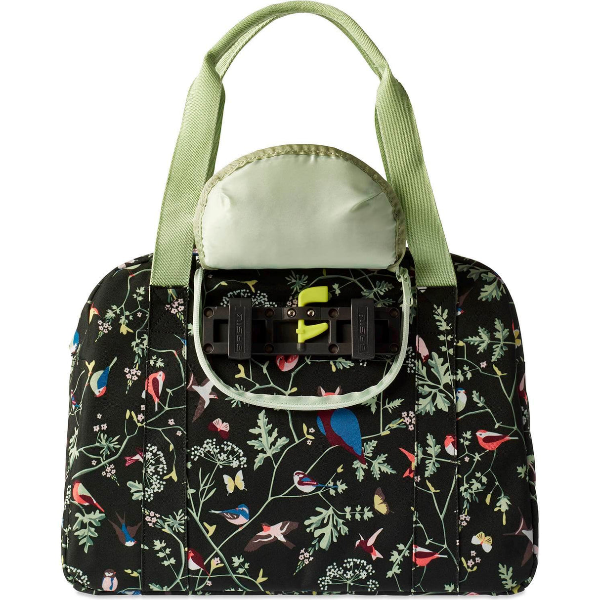 Basil Wanderlust Carry All Bag Black Bicycle Hand Bag With Colorful Bird Print