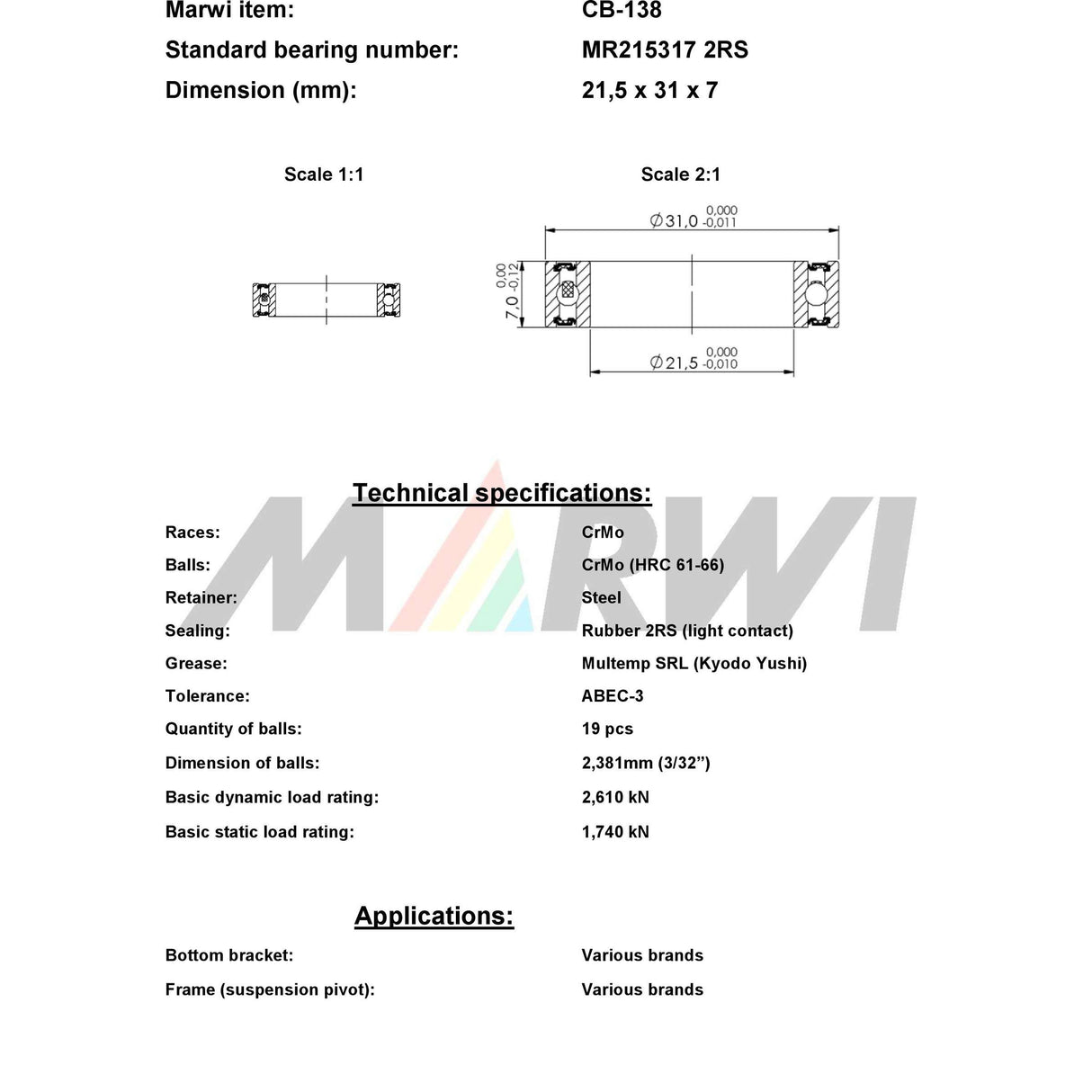 Marwi-Verbindungskugellager CB-138 MR215317 21,5x31x7
