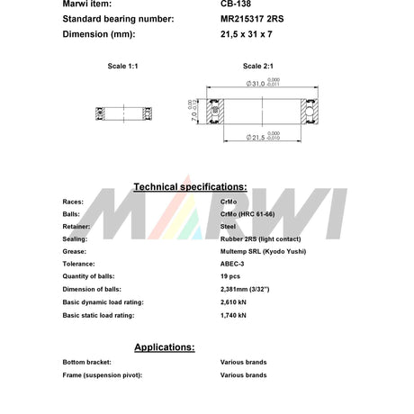 Marwi-Verbindungskugellager CB-138 MR215317 21,5x31x7