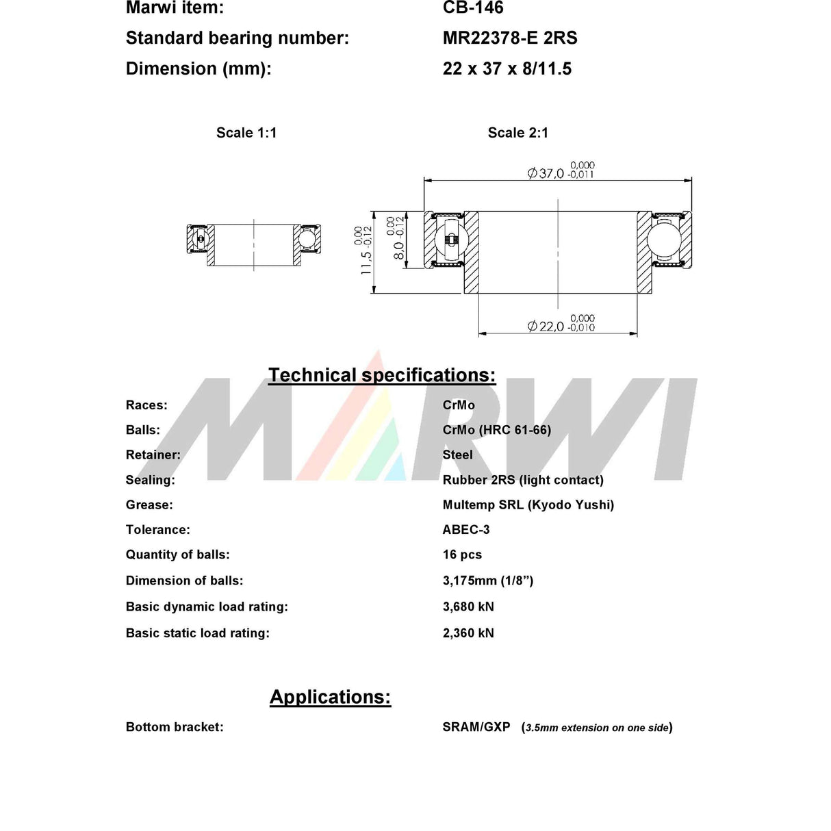 Marwi Union Kugellager CB-146 LLB MR22378-E 22x37x8 11� Außen