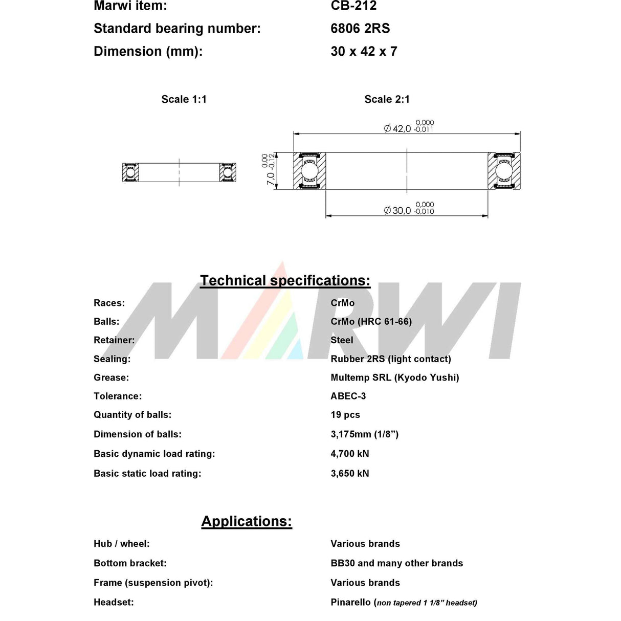 Marwi Union Kogellager CB-2112 6806 2RS 30x42x7