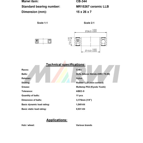 Marwi Union Kugellager CB-344 LBB MR15267 15x26x7 Keramik