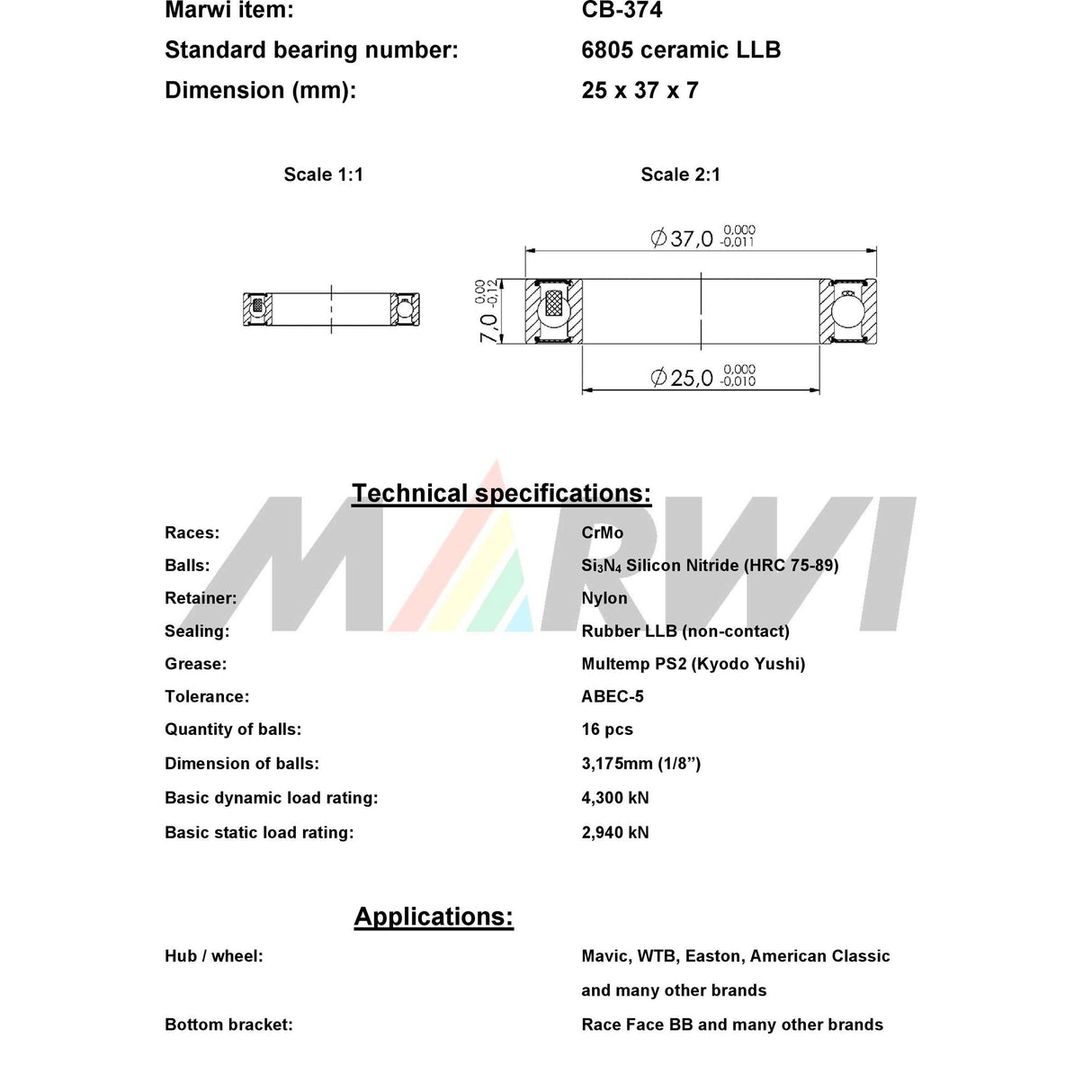 Union Kogellager CB-374 6805 LLB 25x37x7 Keramik