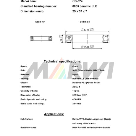 Union Kogellager CB-374 6805 LLB 25x37x7 Keramik