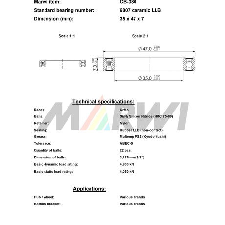 Marwi Union Kugellager CB-380 6807 LLB 35x47x7 Keramik