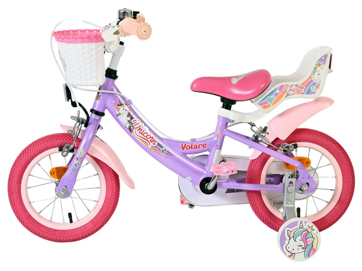 Volare Einhorn Kinderfahrrad – Mädchen – 12 Zoll – Lila – zwei Handbremsen