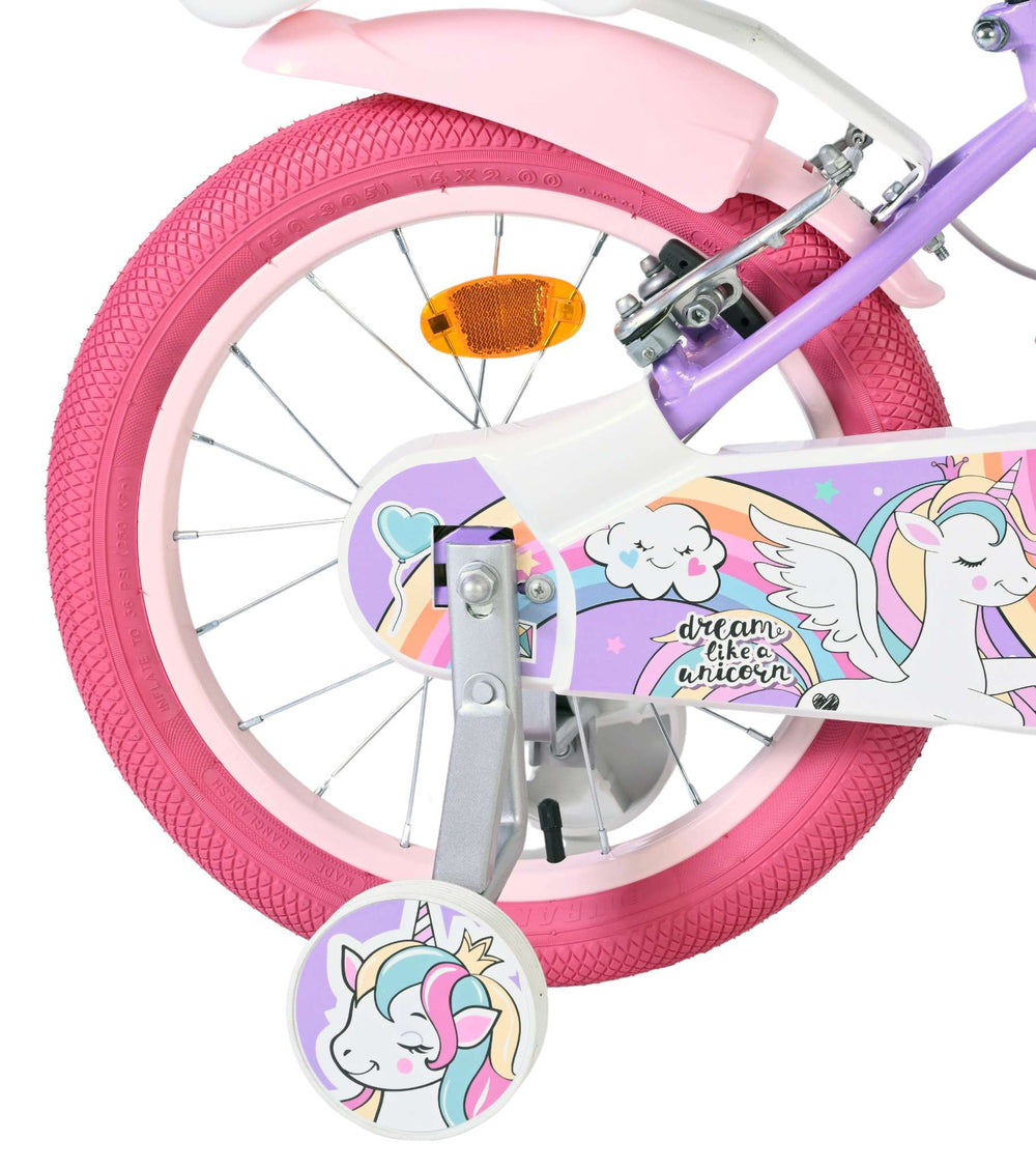 Volare Einhorn Kinderfahrrad – Mädchen – 16 Zoll – Lila – zwei Handbremsen