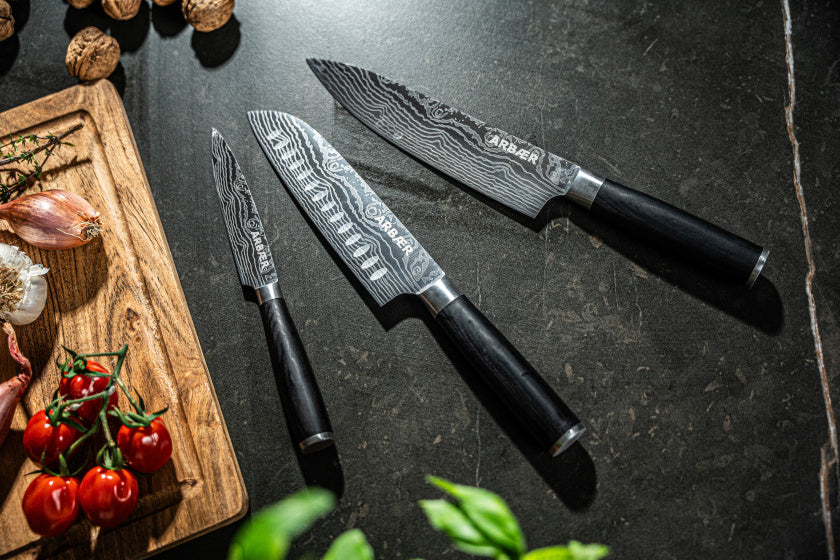 Arbaer-Messerset, 3-teilig, japanischer Damaskus-Druck, Pakka-Holzgriff