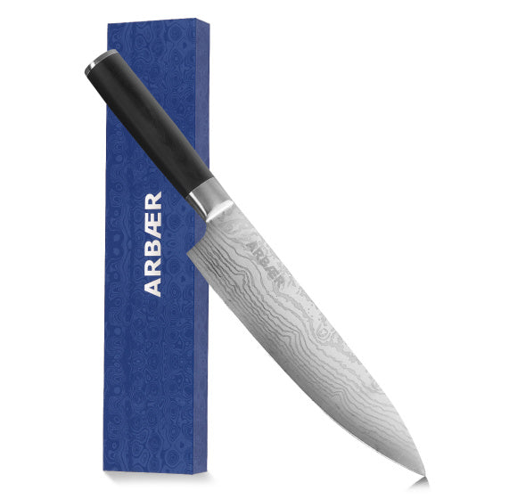 Arbaer Kochmesser, 20 cm, Griff aus Pakka-Holz mit japanischem Damastmuster