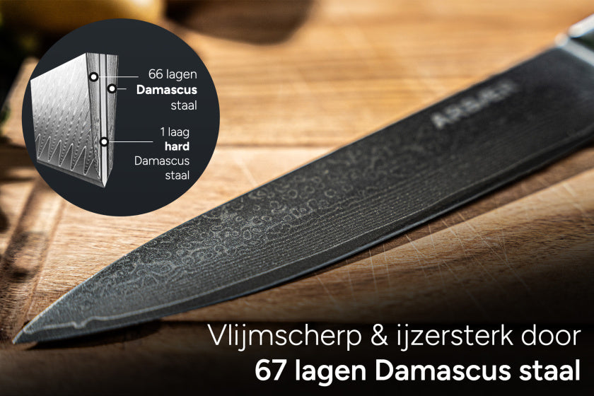Arbaer Santoku-Kochmesser 18,5 cm, Damaststahl, Griff aus Olivenholz, japanisch