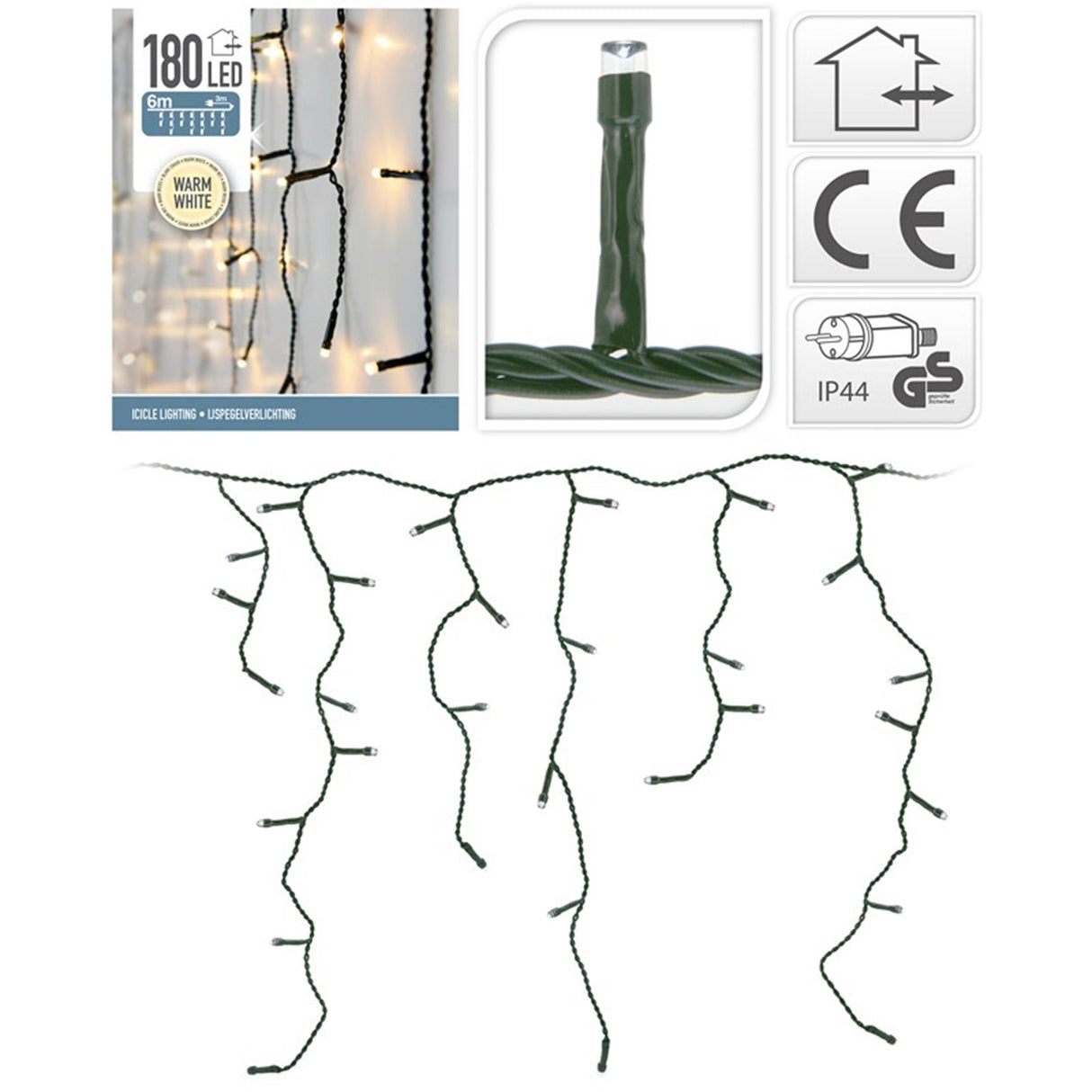 No brand Weihnachts-Eiszapfenbeleuchtung 180 LED warmweiß für den Außenbereich, 5 mm hellgrünes Kabel 600 x 52 cm, IP44