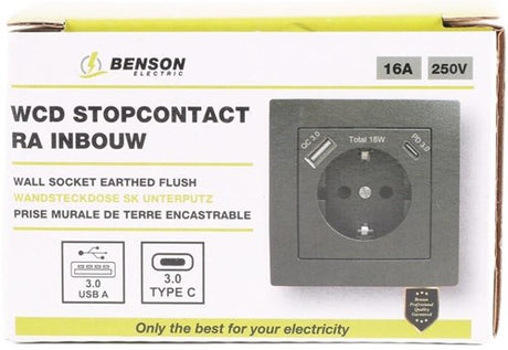 Enzo benson inbouw stopcontact ra + usb en usb-c zwart - 4650032