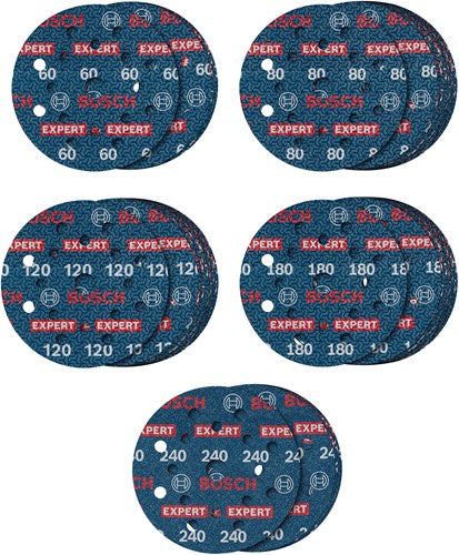 Bosch Zubehör Expert 55-teiliges Set Schleifscheibe O780 mit Folienunterlage, 125 mm, 5xG60; 15xg80; 15xg120; 15xg180; 5xg240 - 2608902429