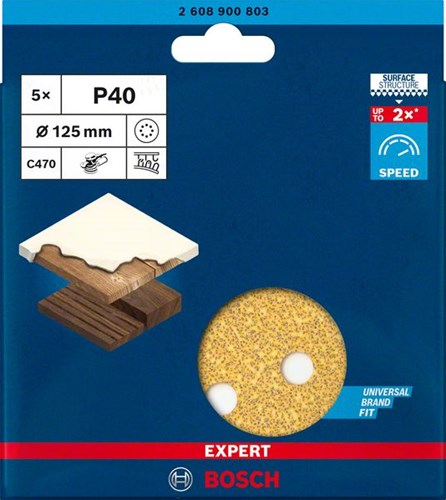 Bosch Zubehör Expert C470 Schleifpapier für Exzenterschleifer 125 mm, 8 Löcher, K40 5-teilig – 2608900803