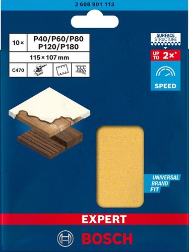 Bosch Zubehör Expert C470 Schleifpapier für Exzenterschleifer 115 x 140 mm, K2x40 2x60 2x80 2x120 2x180 10-teilig - 2608901113