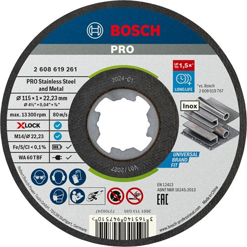 Bosch Zubehör X-Lock Schleifscheibe Dose 10x Standard für Edelstahl 10x115x1x22,23mm, gerade - 1 Stück - 2608619266