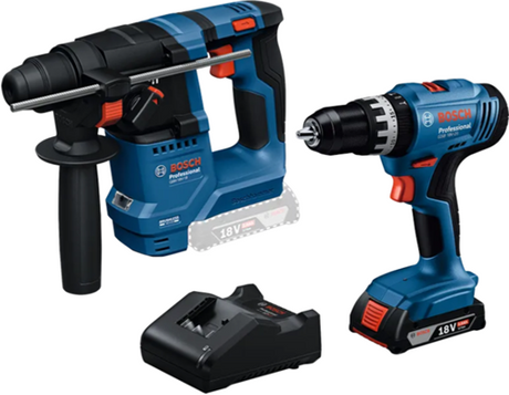 Bosch blaues Kombinationsset 18 V GSB 18 V-25 Akku-Schlagbohrmaschine + GBH 18 V-18 Bohrhammer + 1 x 2,0 Ah + Gal 18 V-20 – 0615a5007p